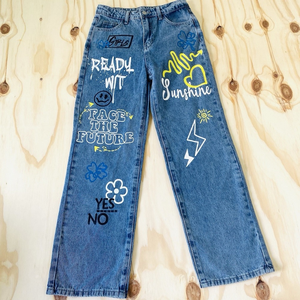 Shein Jeans Teen 12-13 Years Blue Denim Graffiti Print 5-Pockets Casual Wear